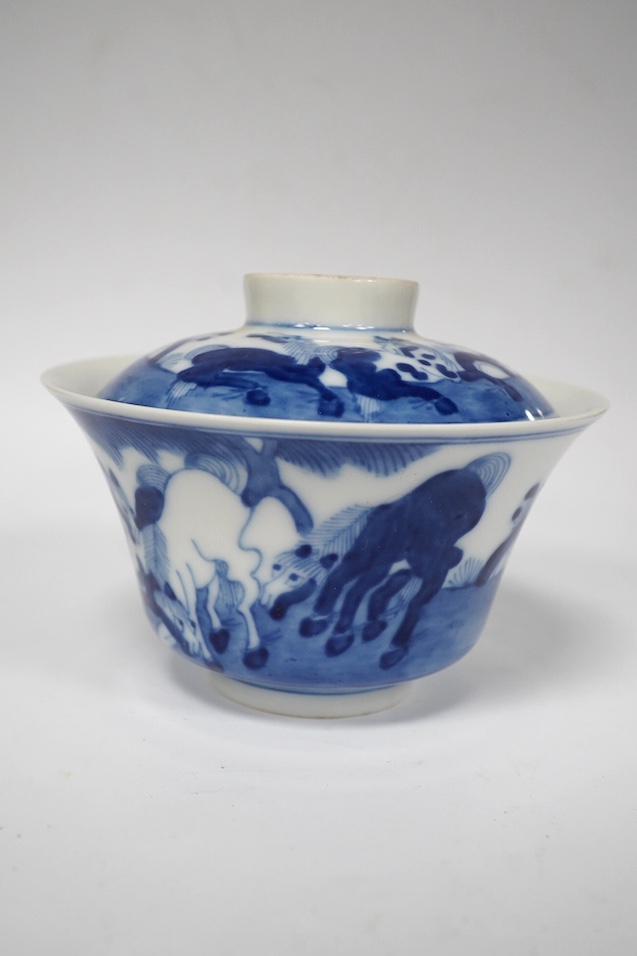 A Chinese crackle-glaze censer and two tea bowls and covers, censer 10cm wide. Condition - good